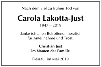 Traueranzeige von Carola Lakotta-Just von Mitteldeutsche Zeitung Dessau-Roßlau