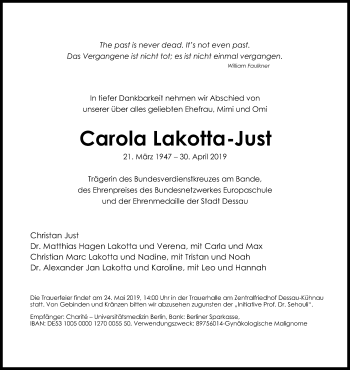 Traueranzeige von Carola Lakotta-Just von Mitteldeutsche Zeitung Dessau-Roßlau