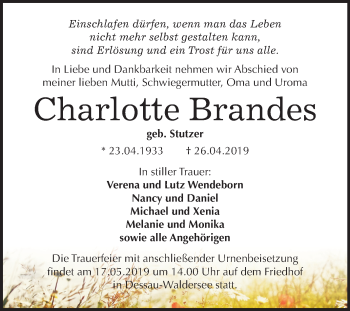 Traueranzeige von Charlotte Brandes von Mitteldeutsche Zeitung Dessau-Roßlau