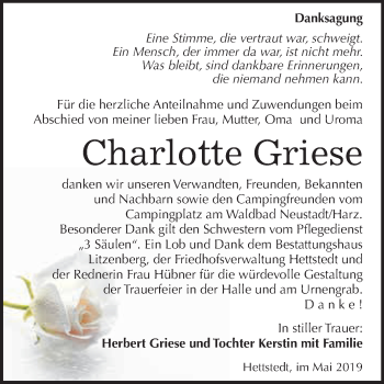 Traueranzeige von Charlotte Griese von Wochenspiegel Mansfelder Land
