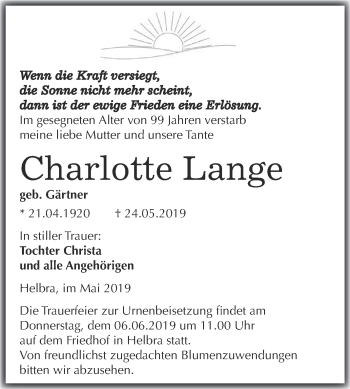 Traueranzeige von Charlotte Lange von Super Sonntag SGH Mansf. Land