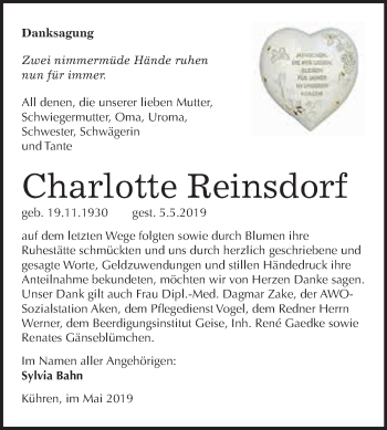 Traueranzeige von Charlotte Reinsdorf von WVG - Wochenspiegel Dessau / Köthen