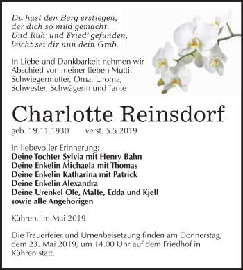 Traueranzeige von Charlotte Reinsdorf von WVG - Wochenspiegel Dessau / Köthen