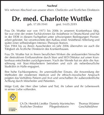 Traueranzeige von Charlotte Wuttke von Mitteldeutsche Zeitung