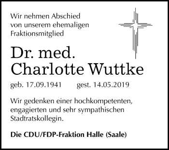 Traueranzeige von Charlotte Wuttke von Mitteldeutsche Zeitung Halle/Saalkreis