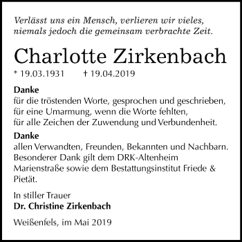 Traueranzeige von Charlotte Zirkenbach von Mitteldeutsche Zeitung
