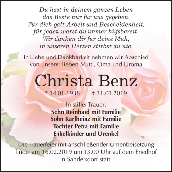 Traueranzeige von Christa Benz von Mitteldeutsche Zeitung Bitterfeld