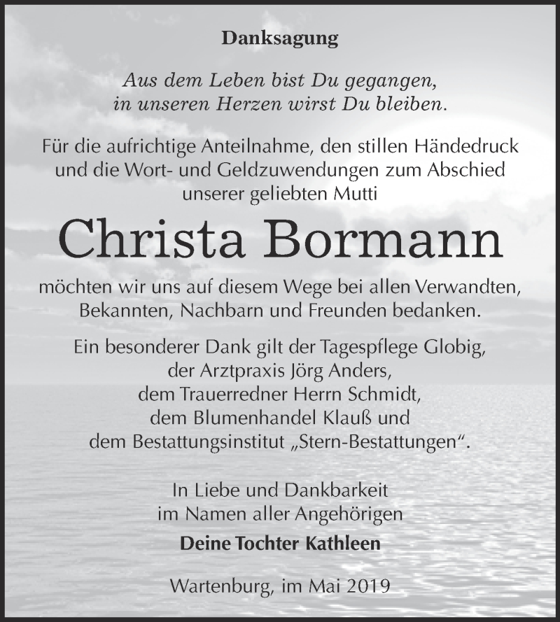  Traueranzeige für Christa Bormann vom 11.05.2019 aus Super Sonntag Wittenberg