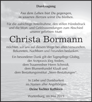 Traueranzeige von Christa Bormann von Super Sonntag Wittenberg