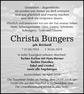 Traueranzeige von Christa Bungers von Mitteldeutsche Zeitung Aschersleben
