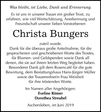 Traueranzeige von Christa Bungers von Mitteldeutsche Zeitung Aschersleben
