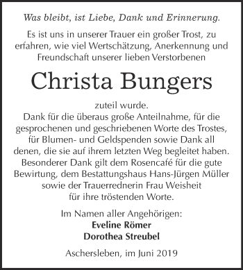 Traueranzeige von Christa Bungers von Super Sonntag Aschersleben