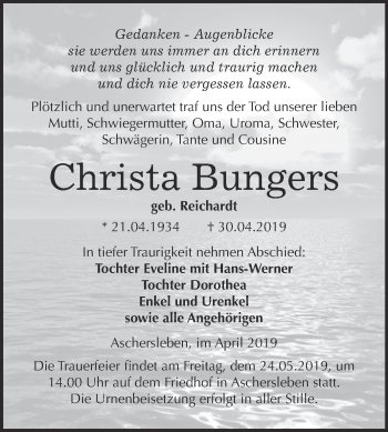 Traueranzeige von Christa Bungers von Super Sonntag Aschersleben