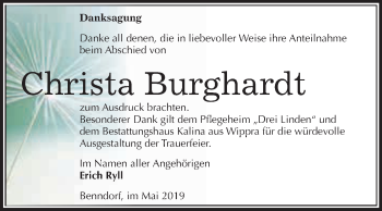 Traueranzeige von Christa Burghardt von Super Sonntag SGH Mansf. Land