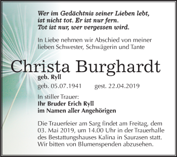 Traueranzeige von Christa Burghardt von Mitteldeutsche Zeitung Mansfelder Land