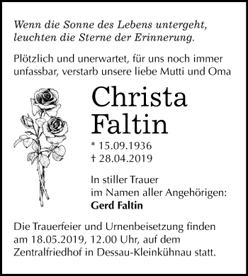 Traueranzeige von Christa Faltin von Mitteldeutsche Zeitung Dessau-Roßlau