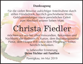 Traueranzeige von Christa Fiedler von Mitteldeutsche Zeitung