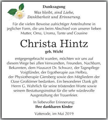 Traueranzeige von Christa Hintz von Mitteldeutsche Zeitung