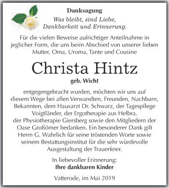 Traueranzeige von Christa Hintz von Wochenspiegel Mansfelder Land