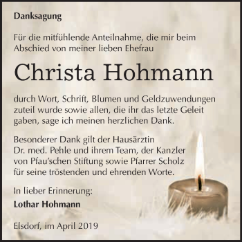 Traueranzeige von Christa Hohmann von WVG - Wochenspiegel Dessau / Köthen