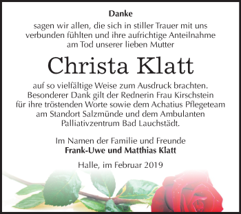 Traueranzeige von Christa Klatt von Mitteldeutsche Zeitung Merseburg/Querfurt