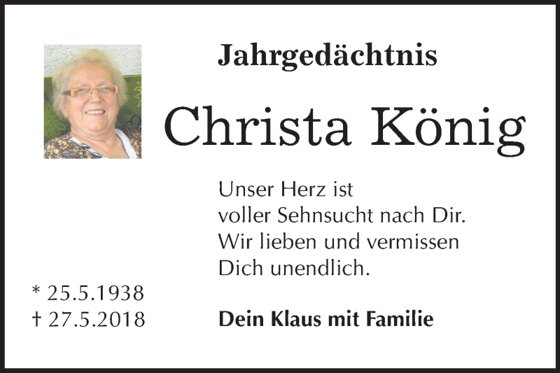  Traueranzeige für Christa König vom 27.05.2019 aus Mitteldeutsche Zeitung
