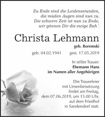 Traueranzeige von Christa Lehmann von WVG - Wochenspiegel Bitterfeld