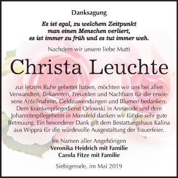 Traueranzeige von Christa Leuchte von Mitteldeutsche Zeitung Mansfelder Land