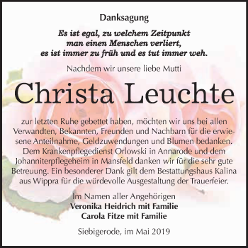Traueranzeige von Christa Leuchte von Super Sonntag SGH Mansf. Land