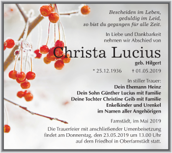 Traueranzeige von Christa Lucius von Mitteldeutsche Zeitung Merseburg/Querfurt