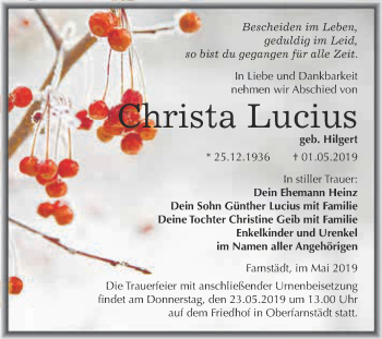 Traueranzeige von Christa Lucius von WVG - Wochenspiegel Merseburg