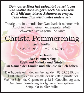 Traueranzeige von Christa Pommerening von Mitteldeutsche Zeitung Quedlinburg