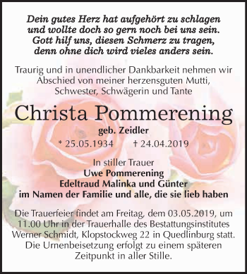 Traueranzeige von Christa Pommerening von WVG - Wochenspiegel Quedlinburg