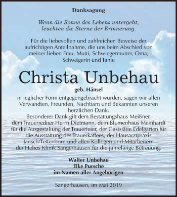 Traueranzeige von Christa Unbehau von Super Sonntag SGH Mansf. Land
