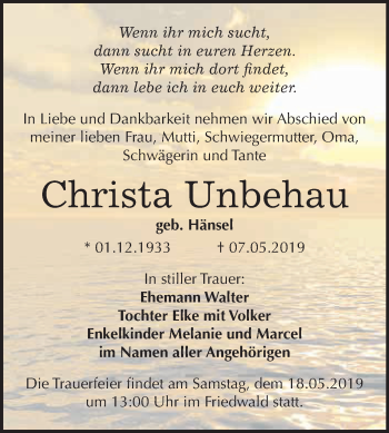 Traueranzeige von Christa Unbehau von Super Sonntag SGH Mansf. Land