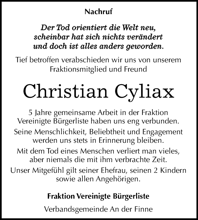  Traueranzeige für Christian Cyliax vom 20.05.2019 aus Mitteldeutsche Zeitung