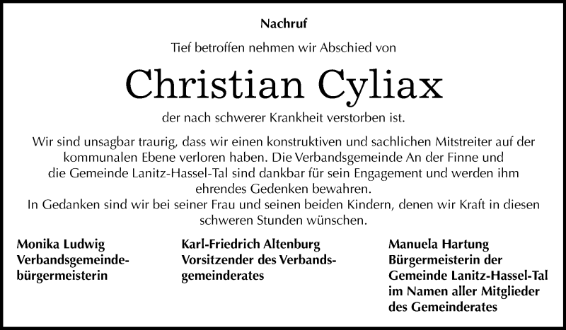  Traueranzeige für Christian Cyliax vom 20.05.2019 aus Mitteldeutsche Zeitung