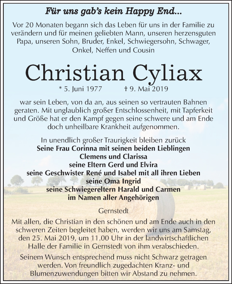  Traueranzeige für Christian Cyliax vom 18.05.2019 aus Mitteldeutsche Zeitung