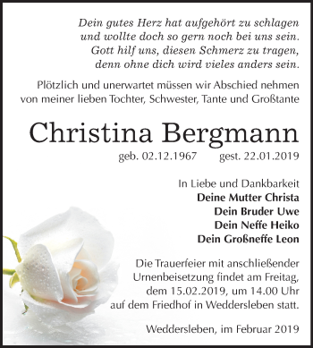 Traueranzeige von Christina Bergmann von Mitteldeutsche Zeitung Quedlinburg