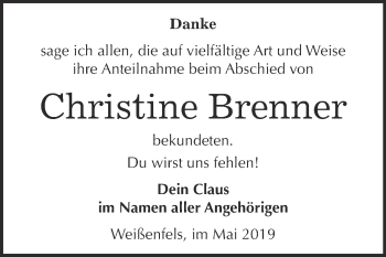Traueranzeige von Christine Brenner von WVG - Wochenspiegel NMB / WSF / ZTZ