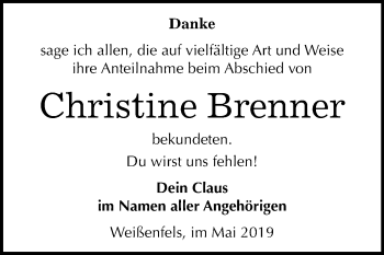 Traueranzeige von Christine Brenner von Mitteldeutsche Zeitung Weißenfels