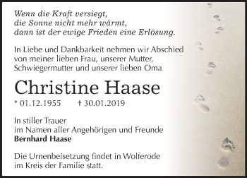 Traueranzeige von Christine Haase von Mitteldeutsche Zeitung Halle/Saalkreis