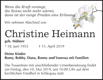 Traueranzeige von Christine Heimann von Mitteldeutsche Zeitung Merseburg/Querfurt