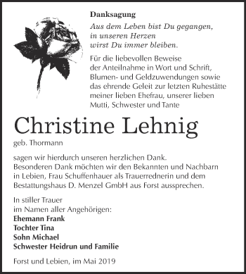 Traueranzeige von Christine Lehnig von Super Sonntag Wittenberg
