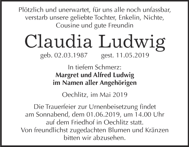  Traueranzeige für Claudia Ludwig vom 20.05.2019 aus WVG - Wochenspiegel Merseburg
