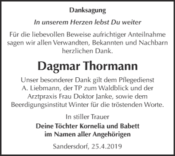 Traueranzeige von Dagmar Thormann von WVG - Wochenspiegel Bitterfeld