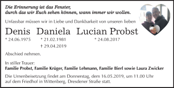 Traueranzeige von Denis, Daniela und Lucian Probst von Mitteldeutsche Zeitung