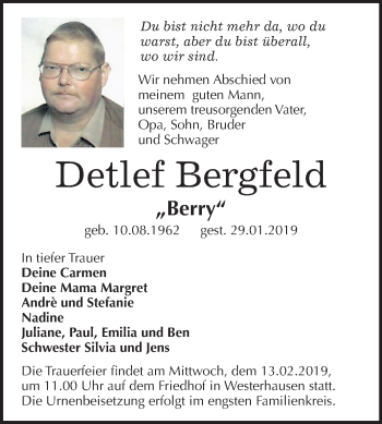 Traueranzeige von Detlef Bergfeld von Mitteldeutsche Zeitung Quedlinburg