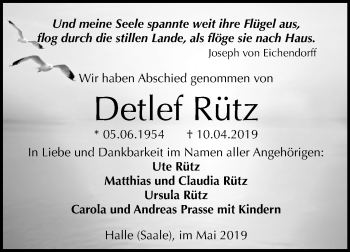 Traueranzeige von Detlef Rütz von Mitteldeutsche Zeitung Halle/Saalkreis