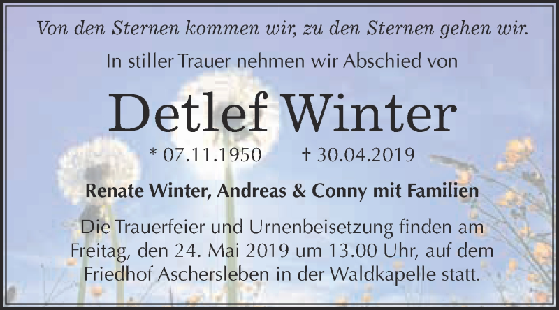  Traueranzeige für Detlef Winter vom 06.05.2019 aus Super Sonntag Aschersleben
